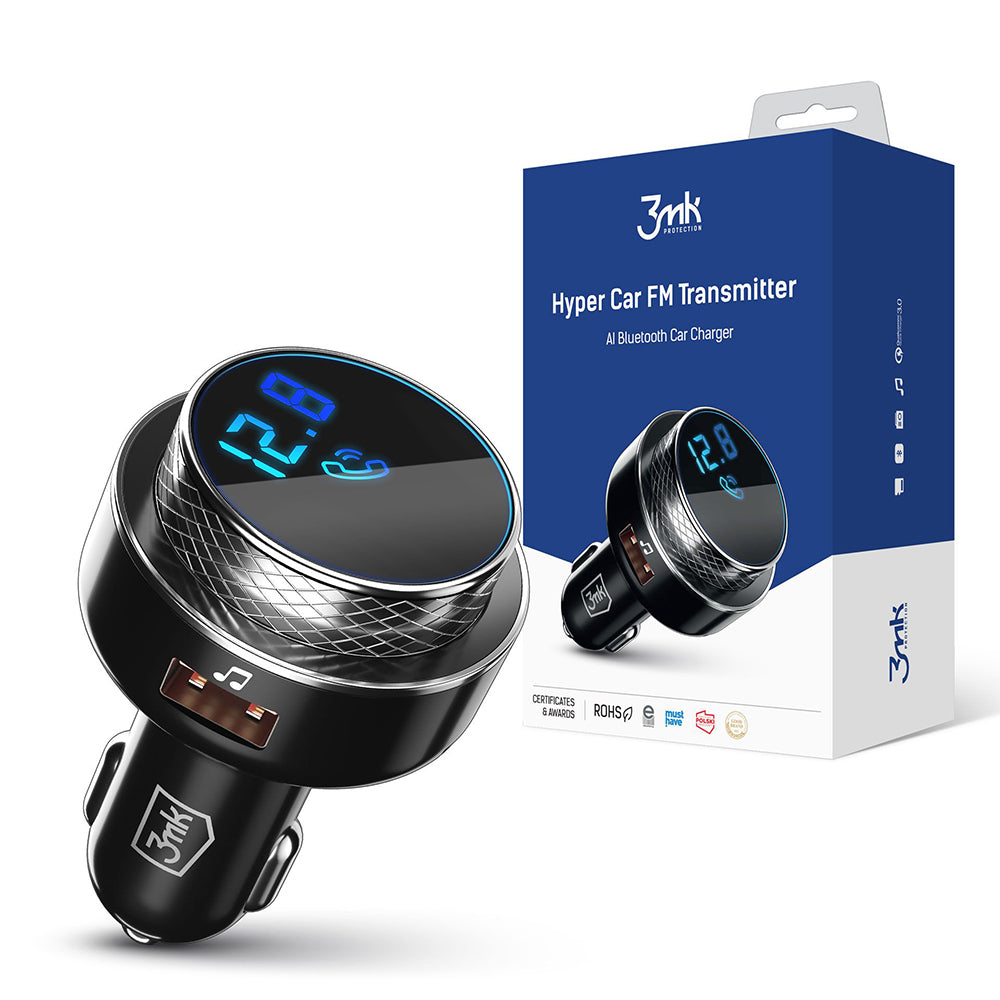 3mk - Car FM Transmitter Hyper - with Phone Charging Function, MP3 Player, LED, 2x USB, Card Slot, 30W, QC, 2A - Black/S