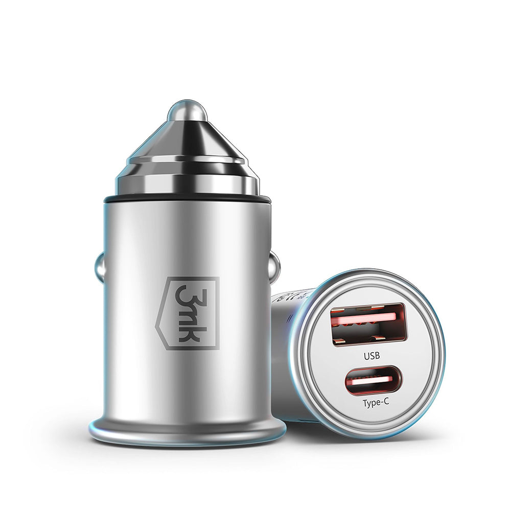 3mk - Car Charger Hyper - USB-A, Type-C, 30W, Durable Aluminium - Silver