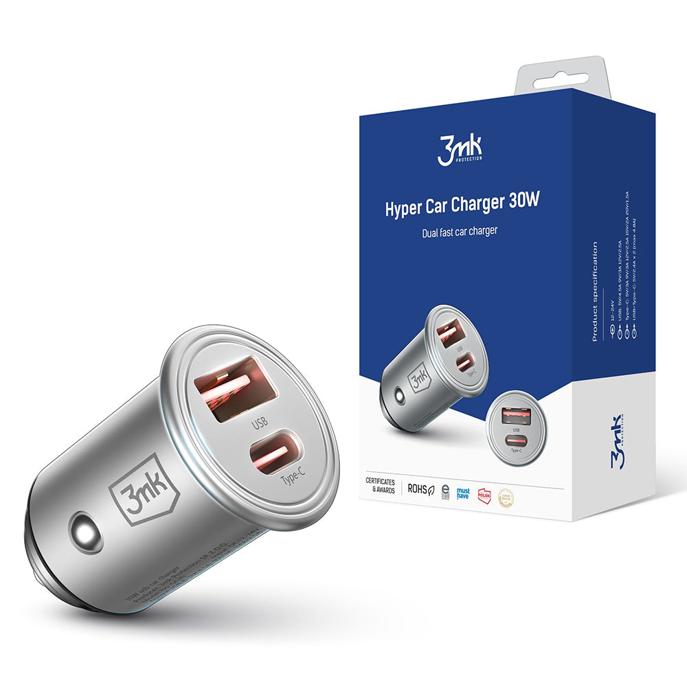 3mk - Car Charger Hyper - USB-A, Type-C, 30W, Durable Aluminium - Silver