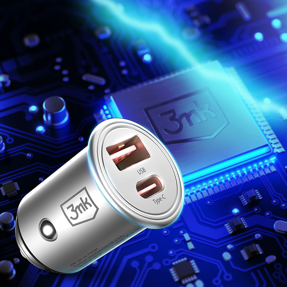 3mk - Car Charger Hyper - USB-A, Type-C, 30W, Durable Aluminium - Silver