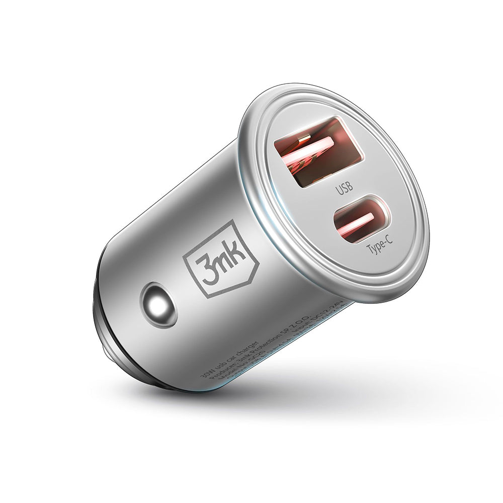 3mk - Car Charger Hyper - USB-A, Type-C, 30W, Durable Aluminium - Silver