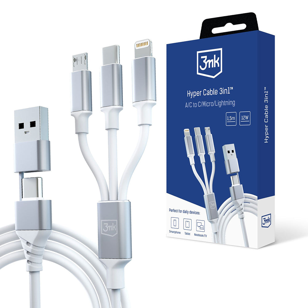 3mk Cablu 3mk 3in1 Hyper, USB-A/C to USB-C/Micro-USB/Lightning, 12W, 3A, 1.5m, Alb
