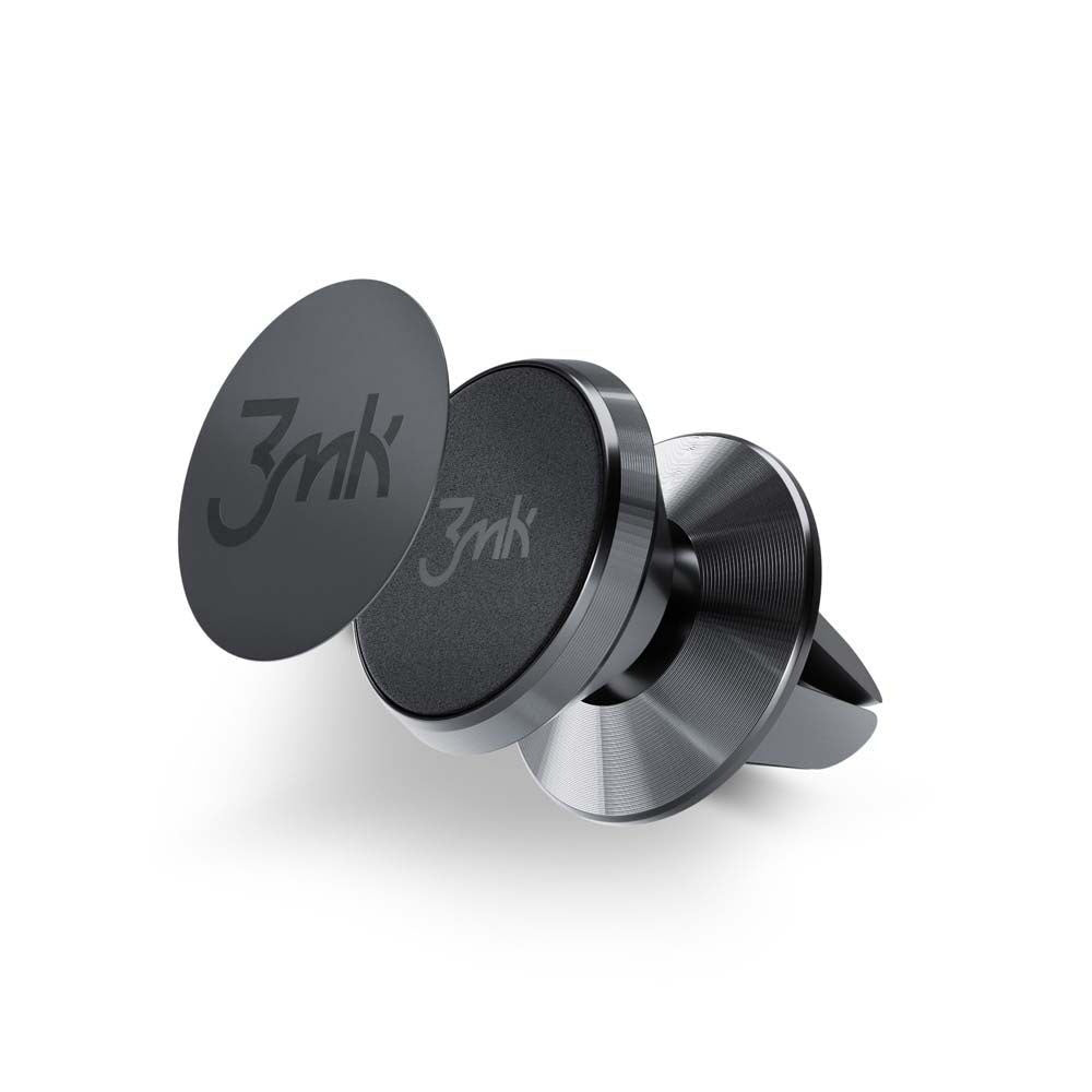 3mk - Magnetic Car Holder Power - for Air Vent, Aluminium Alloy, Silicone Surface, Strong Magnets - Black