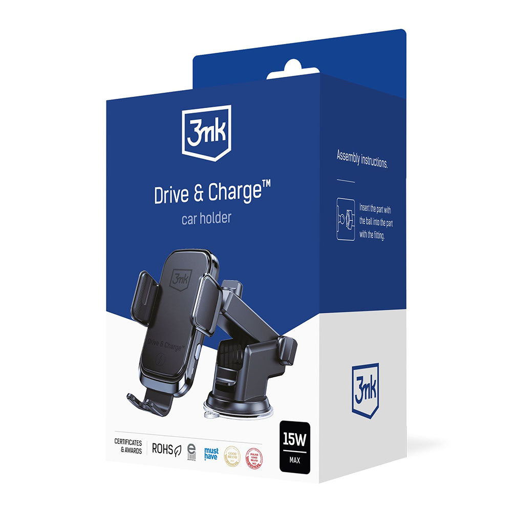 3mk - Car Holder with Wireless Charging Drive & Charge - for Dashboard/Windscreen/Air Vent, Automatic Adjustment, 15W - 
