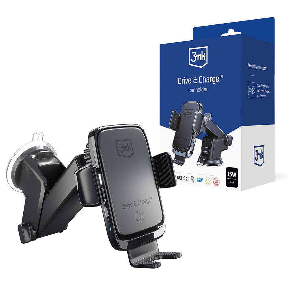 3mk - Car Holder with Wireless Charging Drive & Charge - for Dashboard/Windscreen/Air Vent, Automatic Adjustment, 15W - 