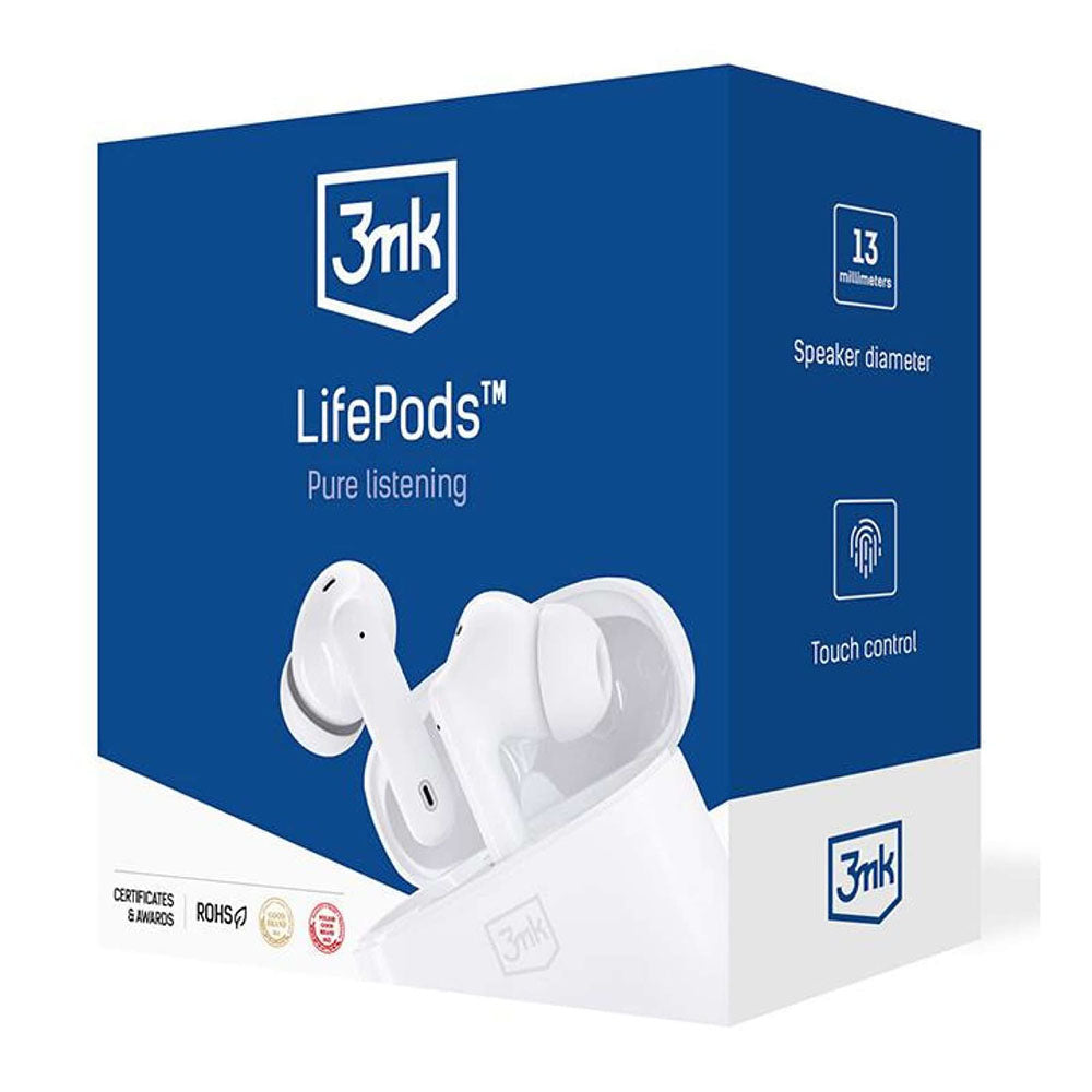 3mk - Wireless Earphone Headphones LifePods - Bluetooth V5.3, ANC Technology, Touch Control - White