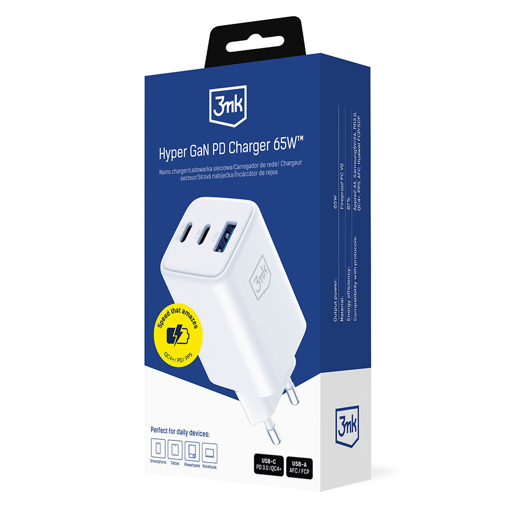 3mk Incarcator 3mk Hyper, USB-A/USB-C, GaN Technology, 65W, QX4+, Fireproof V0 Material, Alb – imagine 7