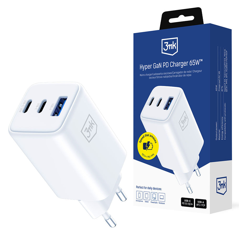 3mk Incarcator 3mk Hyper, USB-A/USB-C, GaN Technology, 65W, QX4+, Fireproof V0 Material, Alb