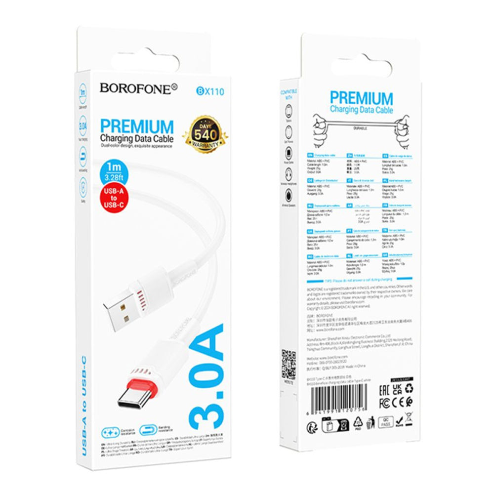 Borofone - Data Cable Beneficio Series (BX110) - Premium Line, USB to Type-C, High-quality, Fast Charging, 3A, 1m - Whit