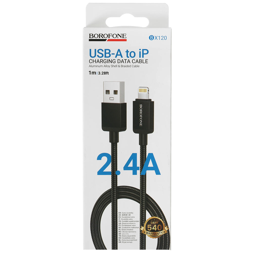 Borofone - Data Cable Placer Series (BX120) - USB to Lightning, Aluminum Alloy Shell, Nylon Braided Cable, 2.4A, 1m - Bl
