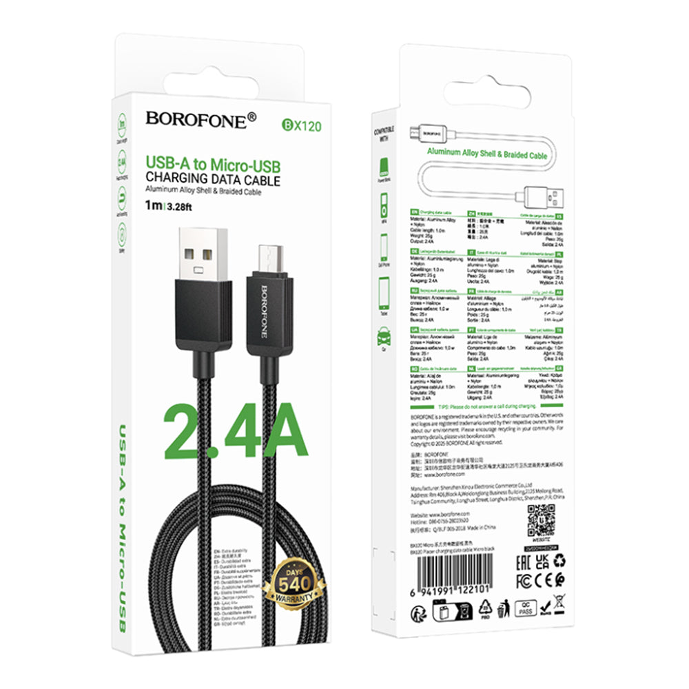 Borofone - Data Cable Placer Series (BX120) - USB to USB-Micro, Aluminum Alloy Shell, Nylon Braided Cable, 2.4A, 1m - Bl