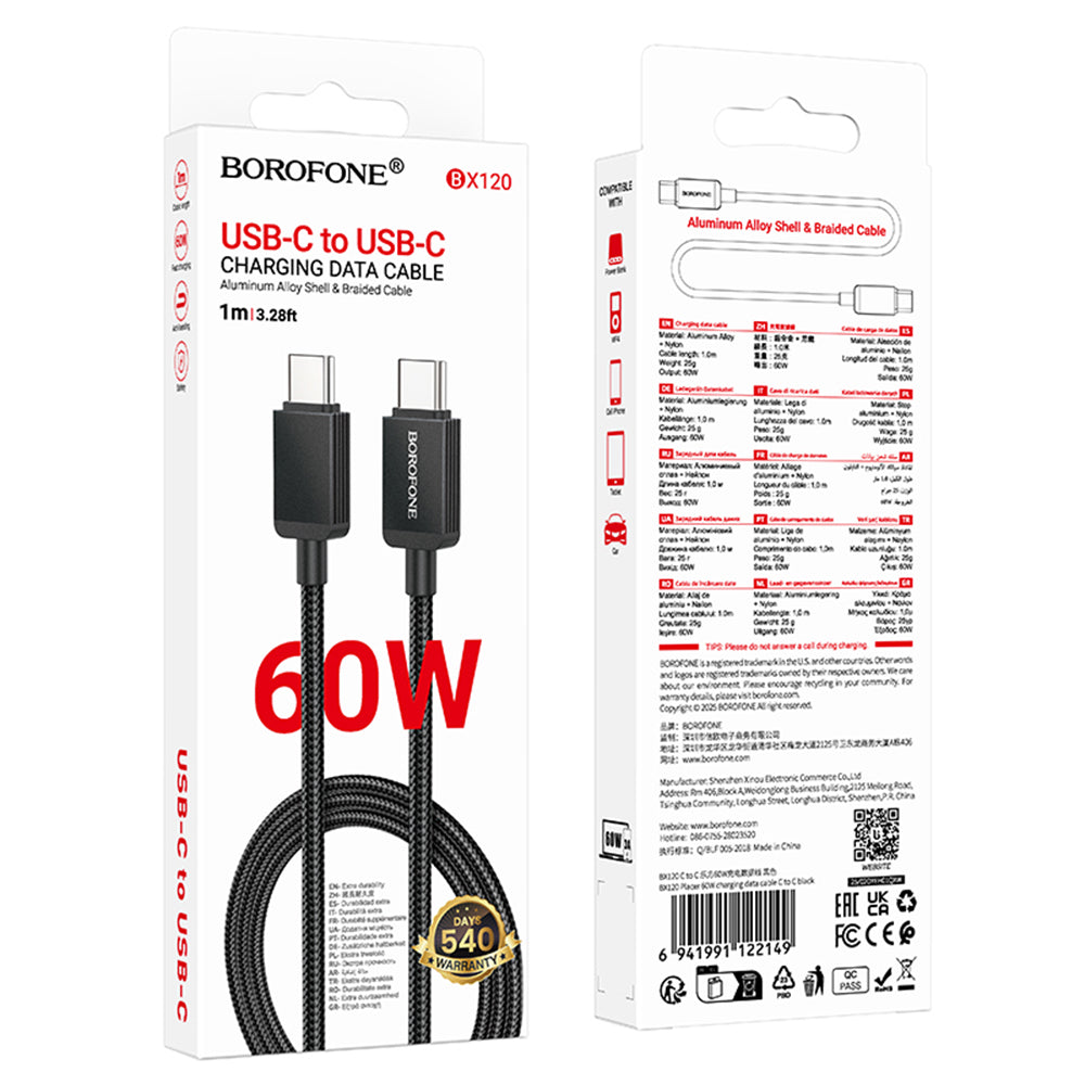 Borofone - Data Cable Placer Series (BX120) - Type-C, Aluminum Alloy Shell, Nylon Braided, Fast Charge, PD 60W, 1m - Bla