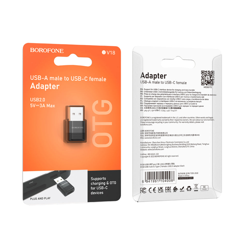 Borofone - Adapter (BV18) - USB2.0 Male to Type-C Female, Data Transmission, OTG Function, Fast Charge up to 3A - Black