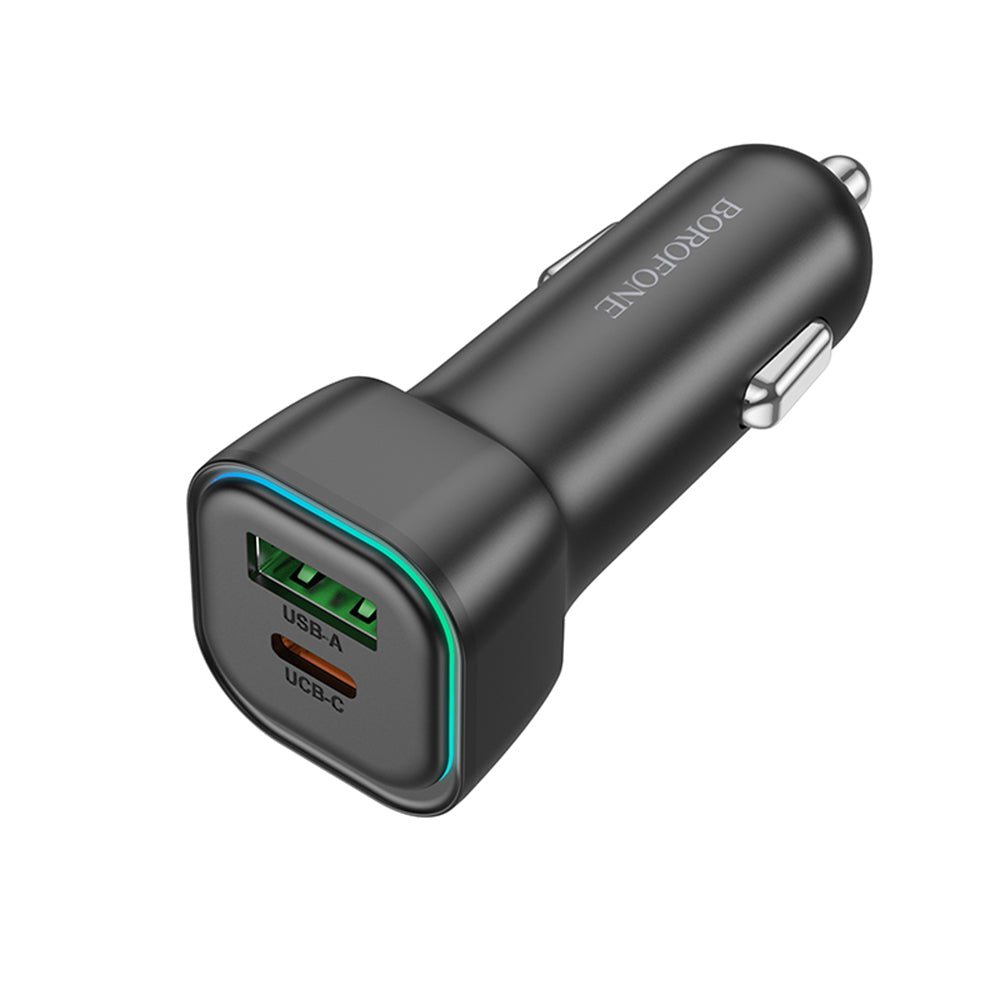 Borofone - Car Charger Trophie (BZ28A) - 1x USB, 1x Type-C, Fast Charge, Dual Port, 30W, LED, for 12-24V - Black
