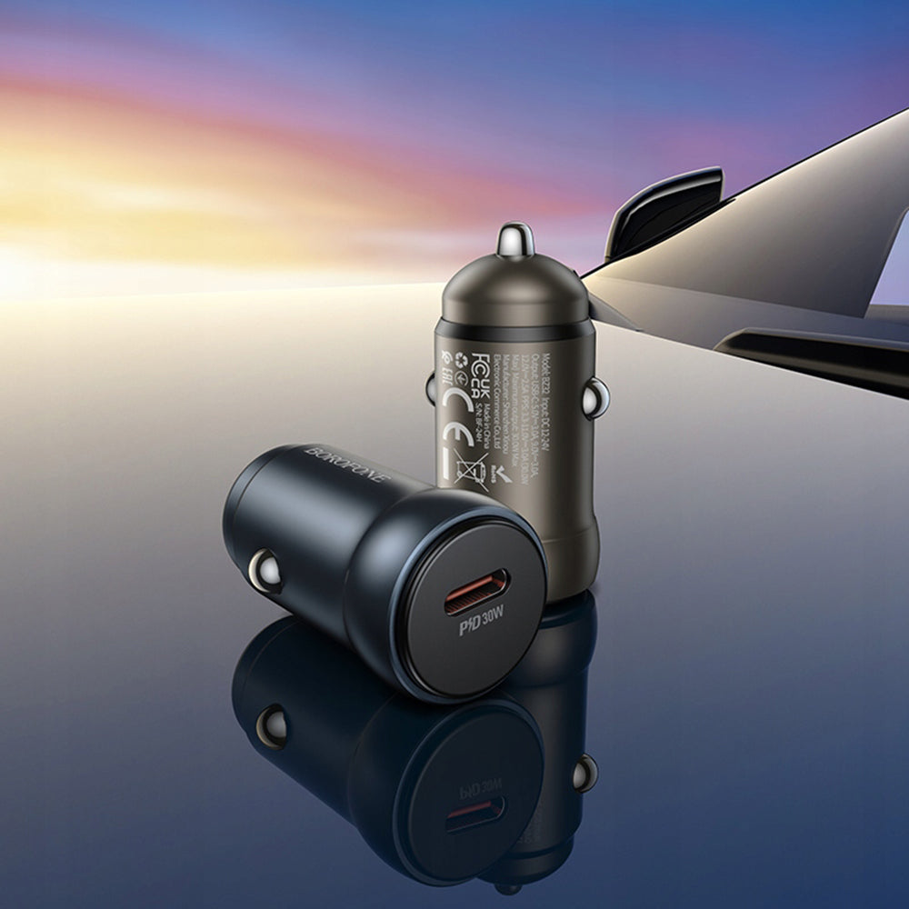 Borofone - Car Charger Fresh (BZ32) - Type-C, Fast Charge, Single Port, 30W (PD/QC/FCP/AFC), for 12-24V - Metal Gray