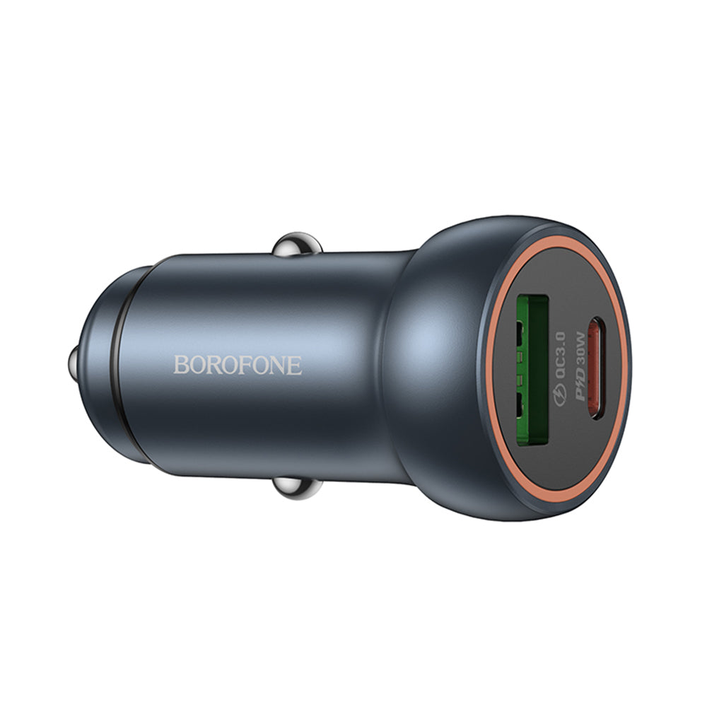 Borofone - Mini Car Charger Fresh (BZ32A) - Type-C, USB, Fast Charge, Dual Port, 30W (PD/QC), Aluminum Alloy - Metal Gra