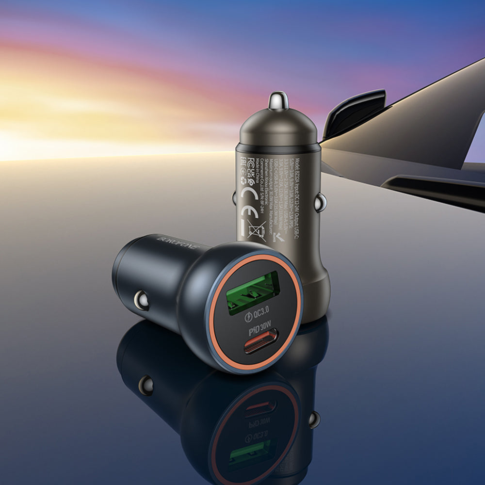 Borofone - Mini Car Charger Fresh (BZ32A) - Type-C, USB, Fast Charge, Dual Port, 30W (PD/QC), Aluminum Alloy - Metal Gra