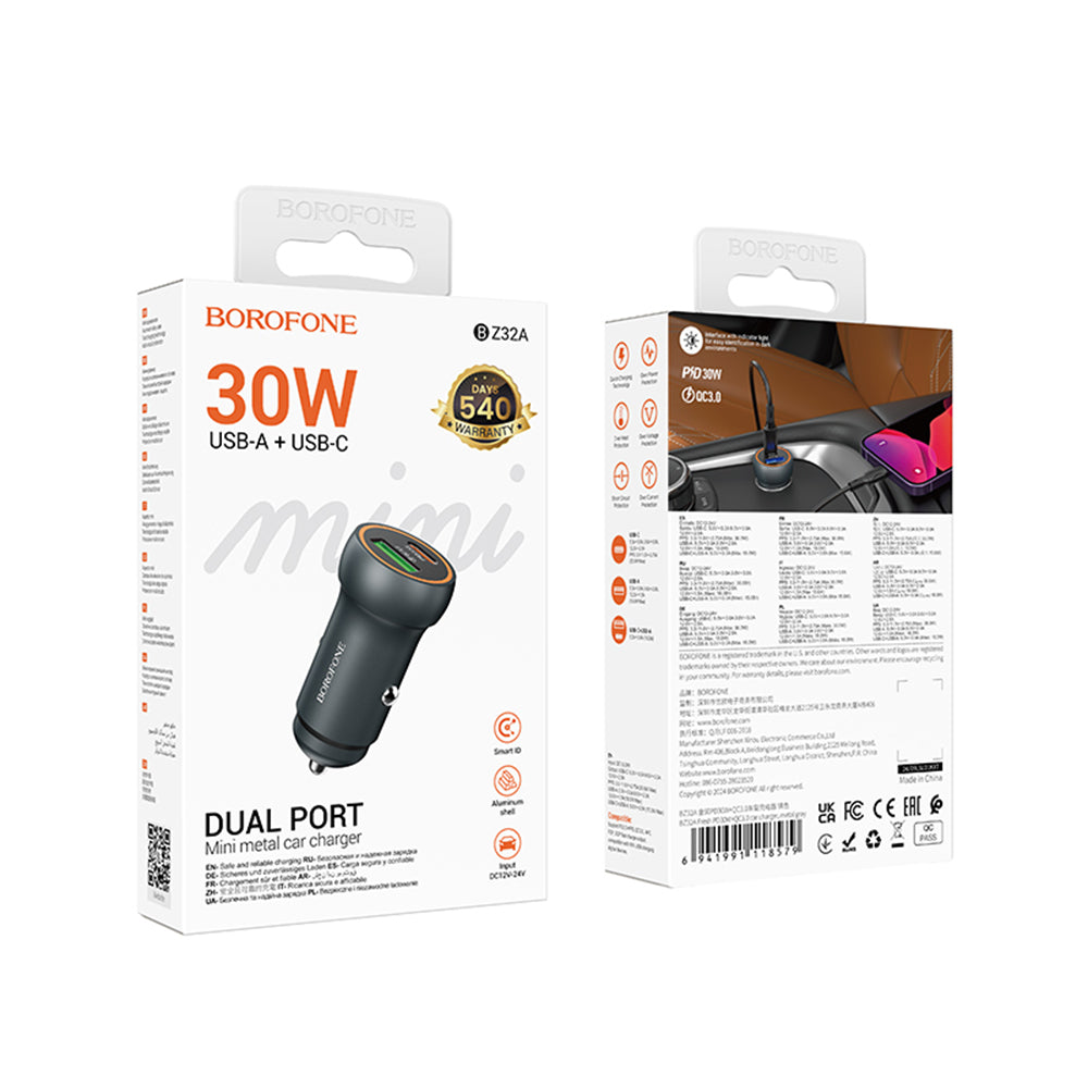 Borofone - Mini Car Charger Fresh (BZ32A) - Type-C, USB, Fast Charge, Dual Port, 30W (PD/QC), Aluminum Alloy - Metal Gra