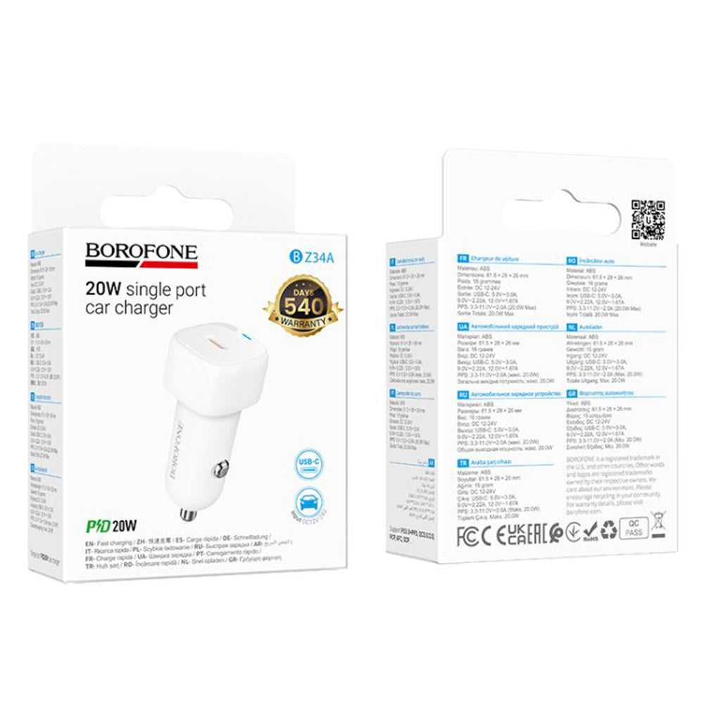 Borofone - Car Charger Cloud (BZ34A) - Type-C, Single Port, 20W (PD/QC/FCP/AFC), ABS - White