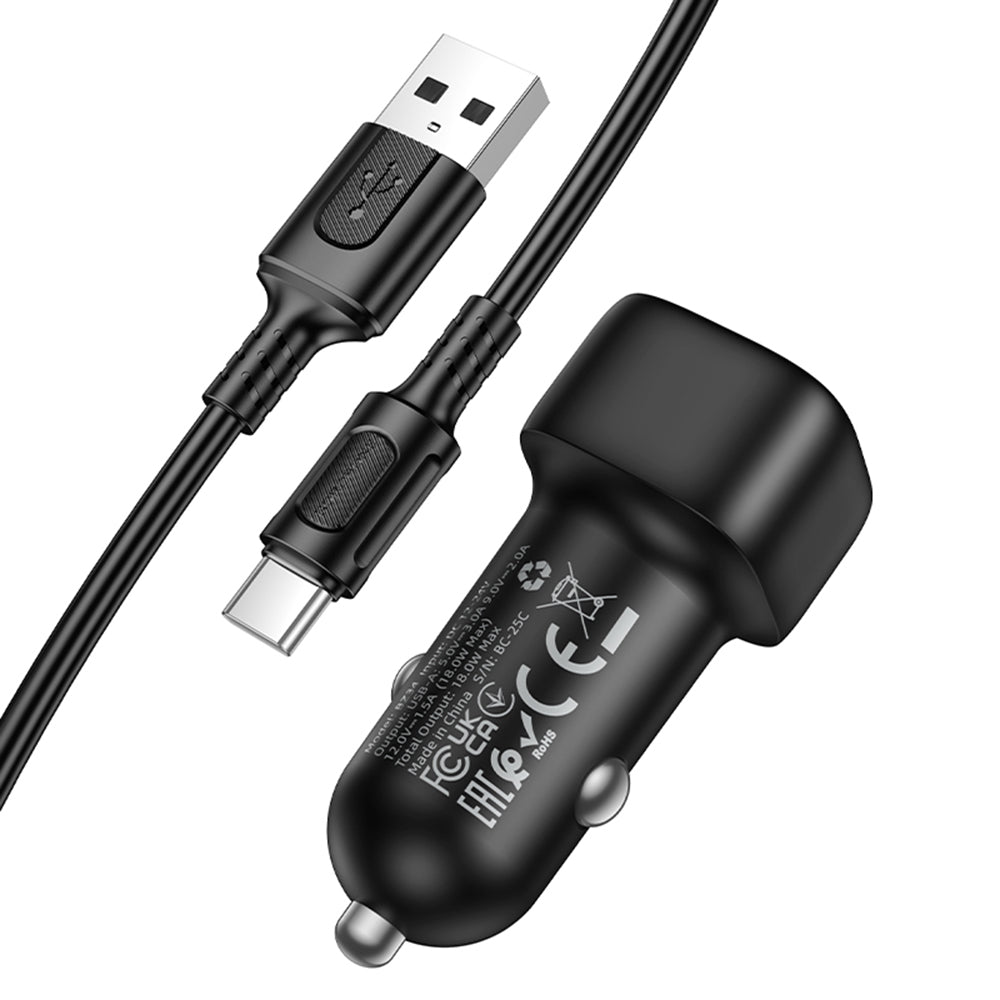 Borofone - Car Charger Cloud (BZ34) - USB-A/C Cable Included, Single Port USB-A, 18W (QC/FCP/AFC), ABS, for DC 12-24V - 