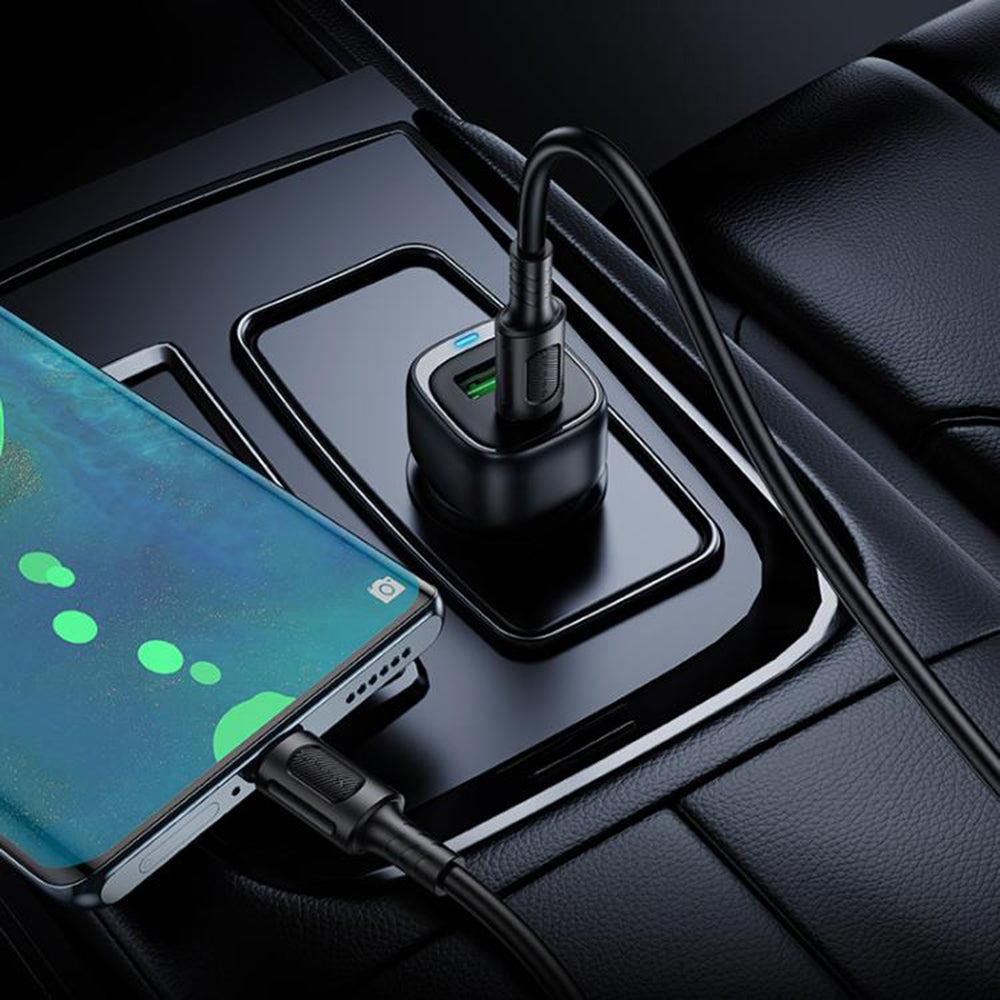 Borofone - Car Charger Cloud (BZ34B) - Type-C Cable Included, Type-C + USB-A, PD20W, QC3.0, Dual Port, 38W, ABS - Black