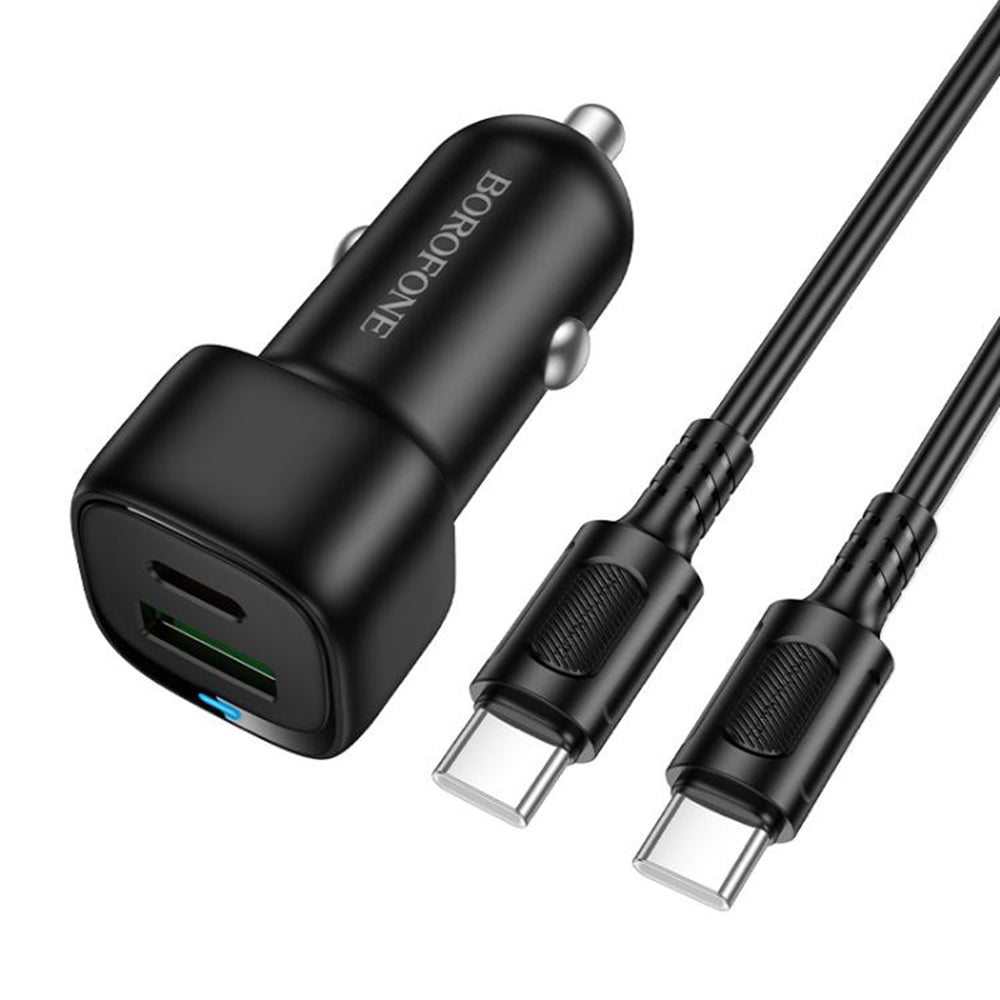 Borofone - Car Charger Cloud (BZ34B) - Type-C Cable Included, Type-C + USB-A, PD20W, QC3.0, Dual Port, 38W, ABS - Black