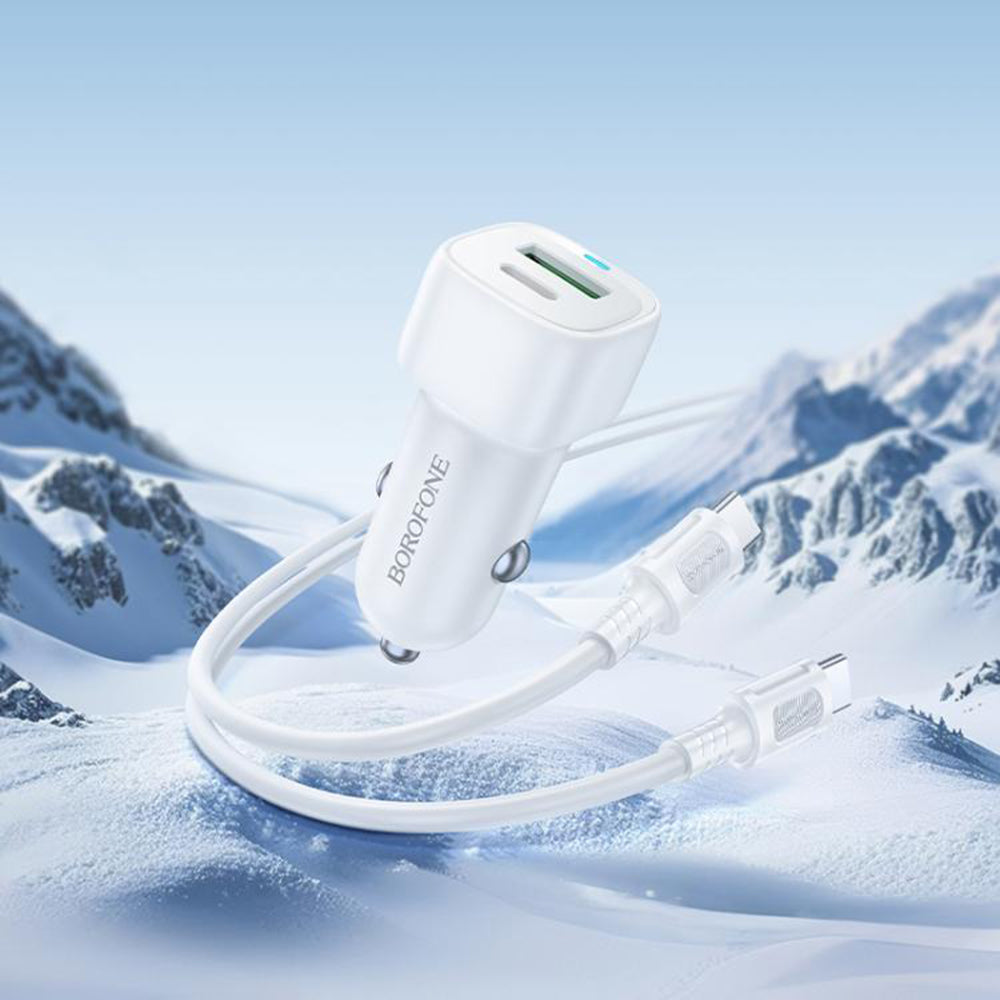 Borofone - Car Charger Cloud (BZ34B) - Type-C Cable Included, Type-C + USB-A, PD20W, QC3.0, Dual Port, 38W, ABS - White