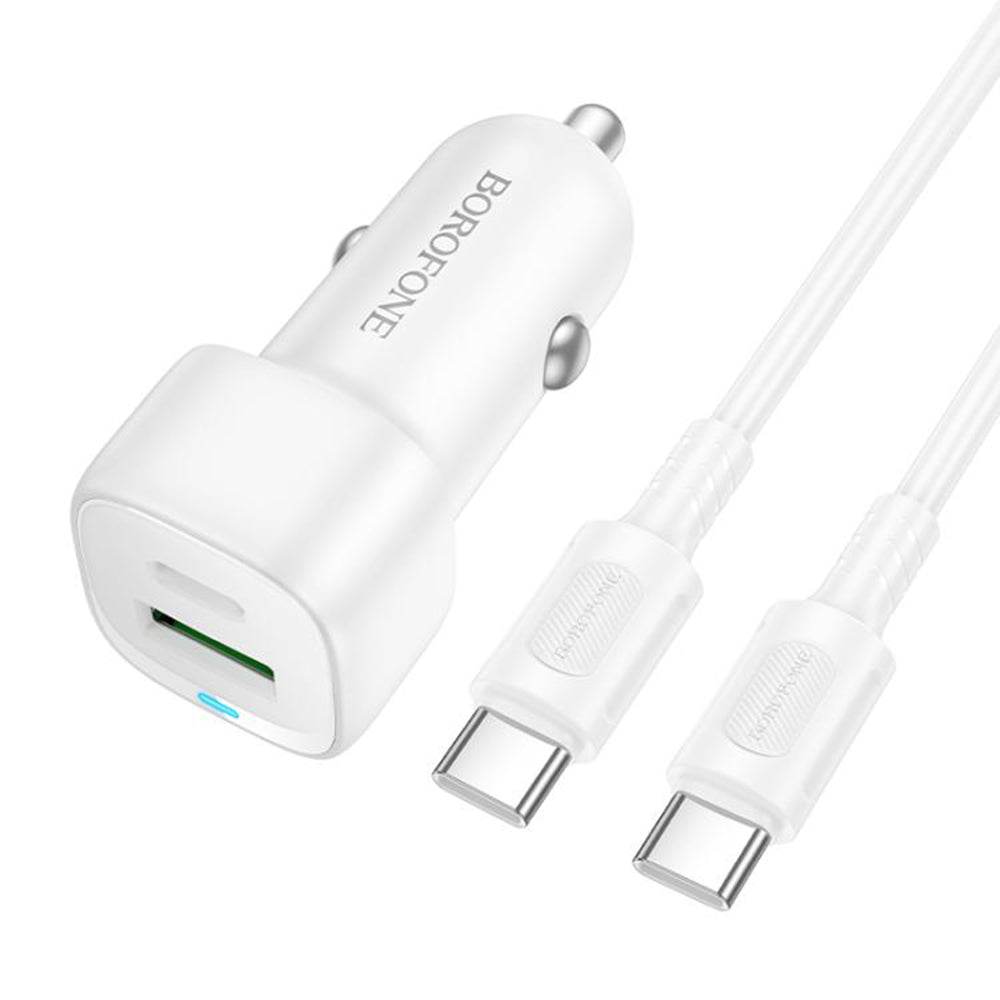 Borofone - Car Charger Cloud (BZ34B) - Type-C Cable Included, Type-C + USB-A, PD20W, QC3.0, Dual Port, 38W, ABS - White