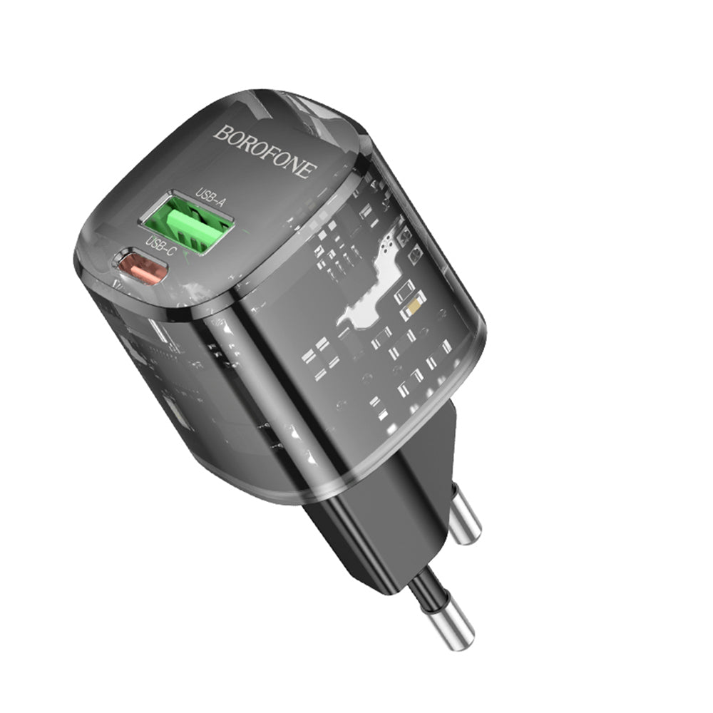Borofone - Wall Charger Sunlight (BN17) - Dual Port, USB-C + USB-A, 5V/3A, PD20W, QC3.0 - Transparent/Black