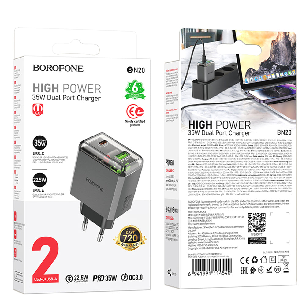 Borofone - Wall Charger Lena (BN20) - Dual Port, USB-C + USB-A, PD35W, QC3.0, Flame-Retardant PC, 5V/3A - Metal Gray