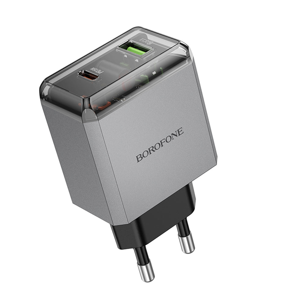Borofone - Wall Charger Lena (BN20) - Dual Port, USB-C + USB-A, PD35W, QC3.0, Flame-Retardant PC, 5V/3A - Metal Gray