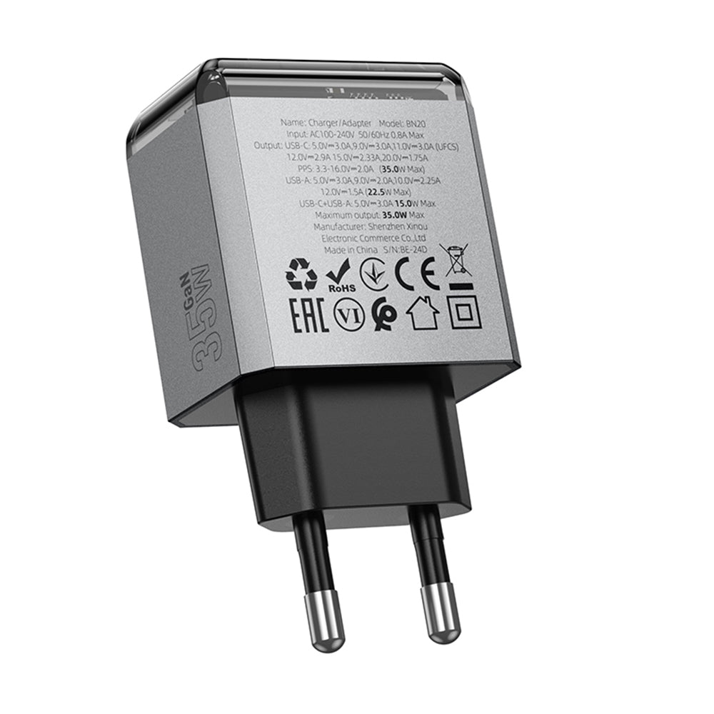 Borofone - Wall Charger Lena (BN20) - Dual Port, USB-C + USB-A, PD35W, QC3.0, Flame-Retardant PC, 5V/3A - Metal Gray