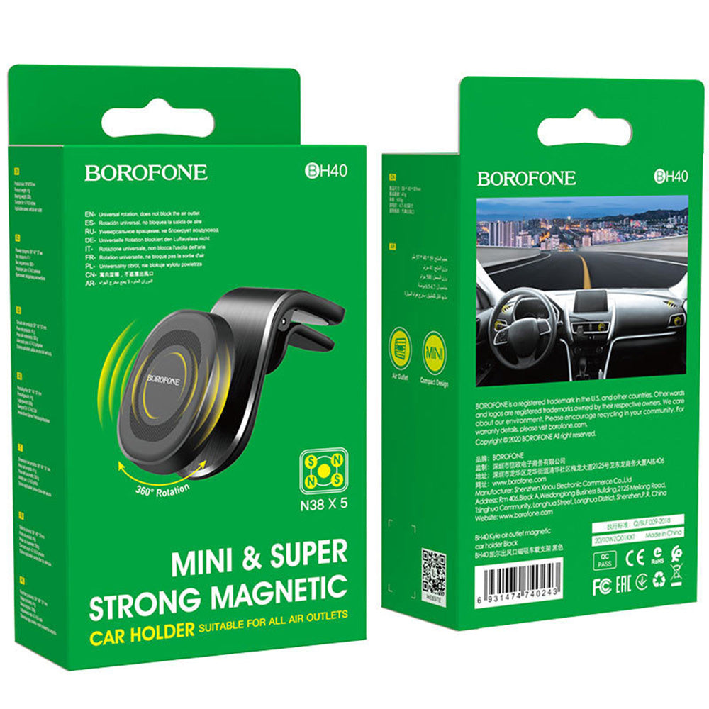 Borofone - Car Holder Kyle (BH40) - for Air Vent, Aluminum Alloy + ABS + Silicone, N38 Magnets, 4.7 - 6.5" - Black