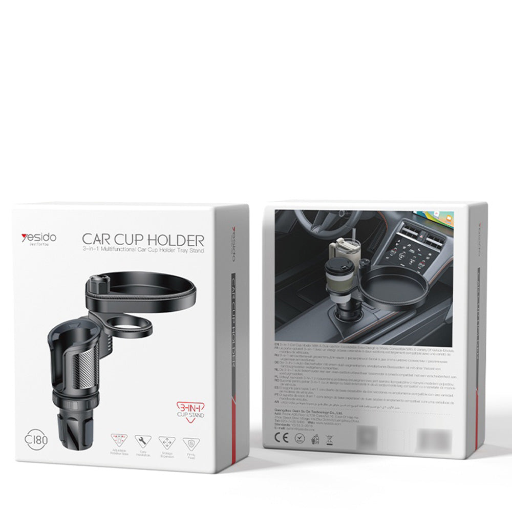 Yesido - 3in1 Car Cup Holder (C180) - Adjustable Rotation Base, Storage Expansion, Easy Installation, Firmly Fixed - Bla