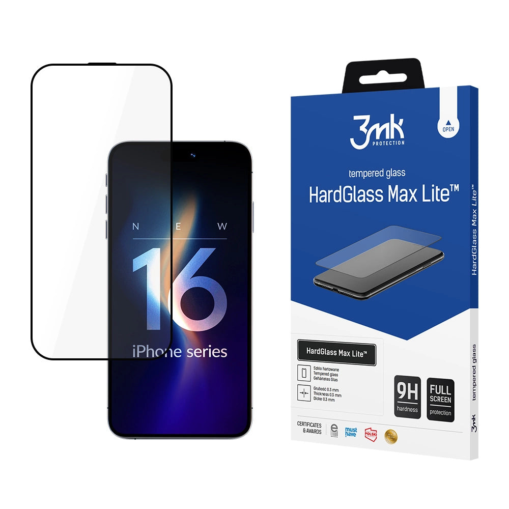 3mk - HardGlass Max Lite Tempered Screen Protector - iPhone 16 Pro / iPhone 17 - Black