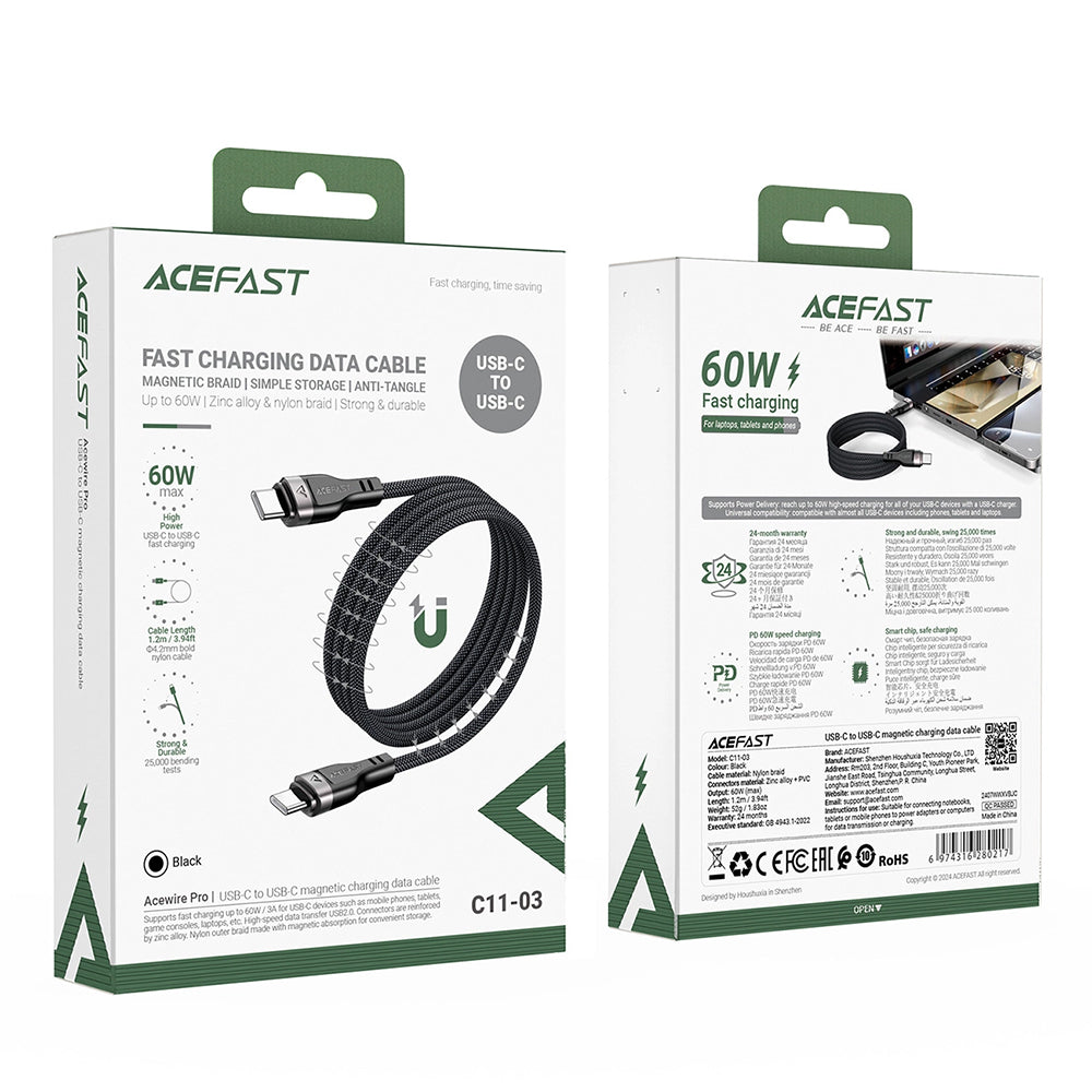 Acefast - Data Cable (C11-03) - Magnetic Winding, Fast Charging, Type-C to Type-C, 60W, 3A, Adjustable Lenght, 1.2m - Bl