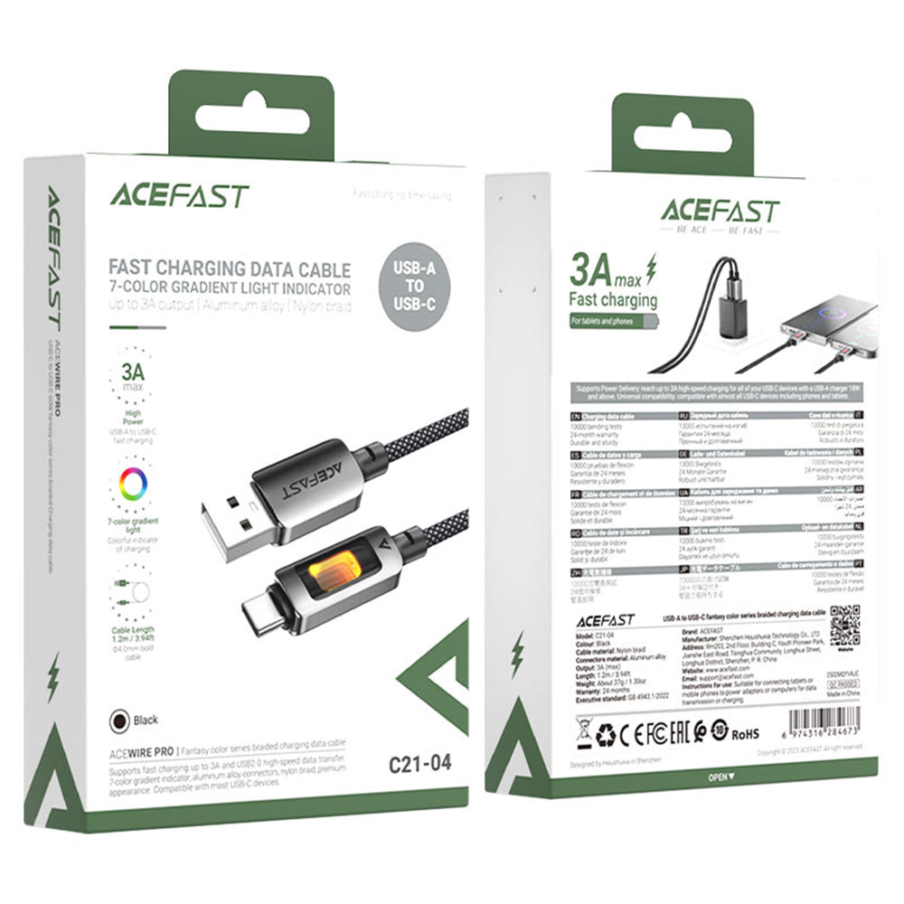 Acefast - Data Cable (C21-04) - Fast Charge, USB to Type-C, 3A, Colorful Gradient Lighting Effect, Nylon Braid, 1.2m - B