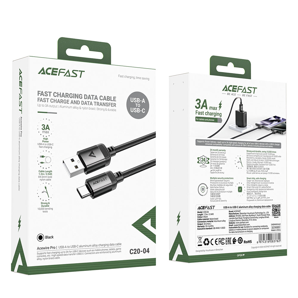 Acefast - Data Cable (C20-04) - USB to Type-C, 3A, Fast Charging, Bend-Resistant, Nylon Braid, 1.2m - Black