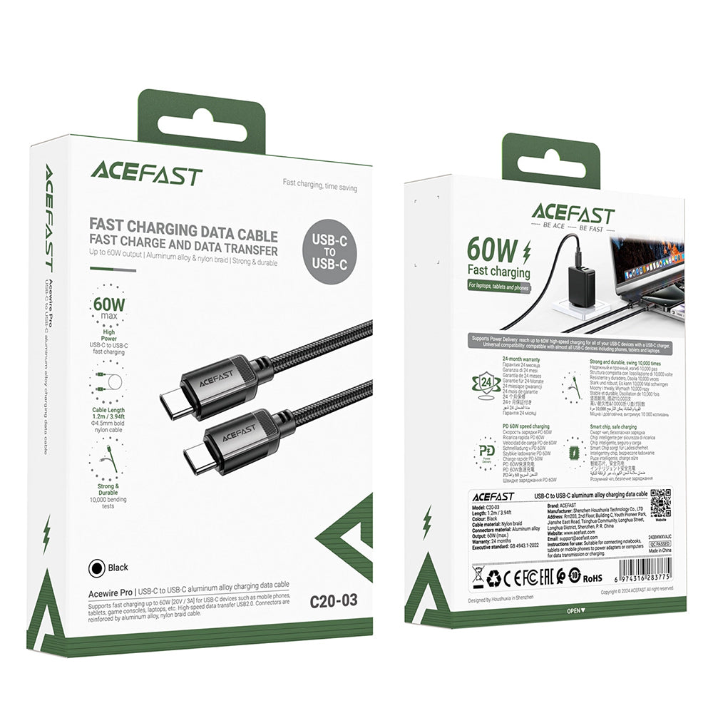 Acefast - Data Cable (C20-03) - USB-C to Type-C, 60W, 3A, Fast Charging, Bend-Resistant, Nylon Braid, 1.2m - Black