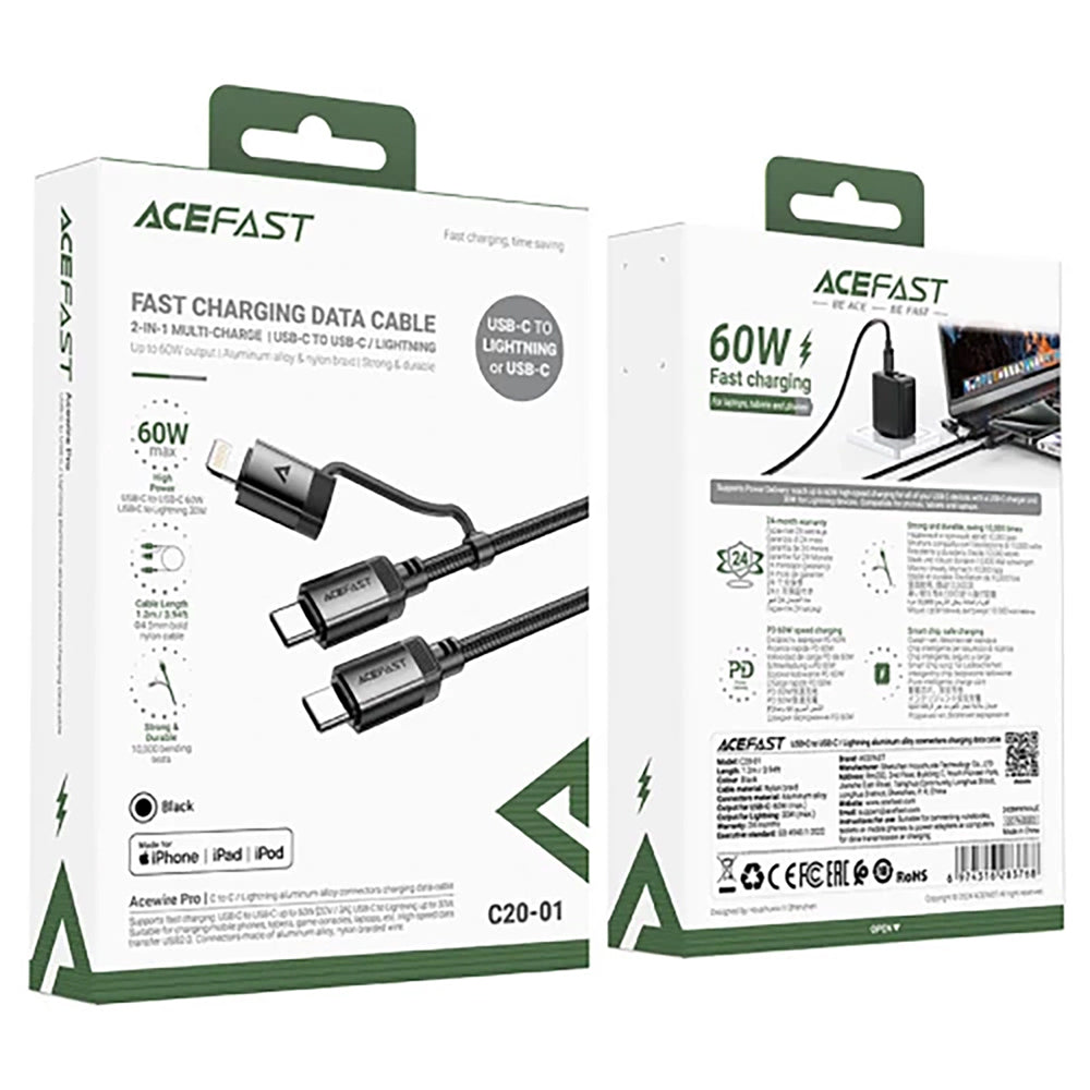 Acefast - Data Cable (C20-01) - USB-C to Type-C, Lightning, 60W, Fast Charging, Bend-Resistant, MFi Certified, 1.2m - Bl