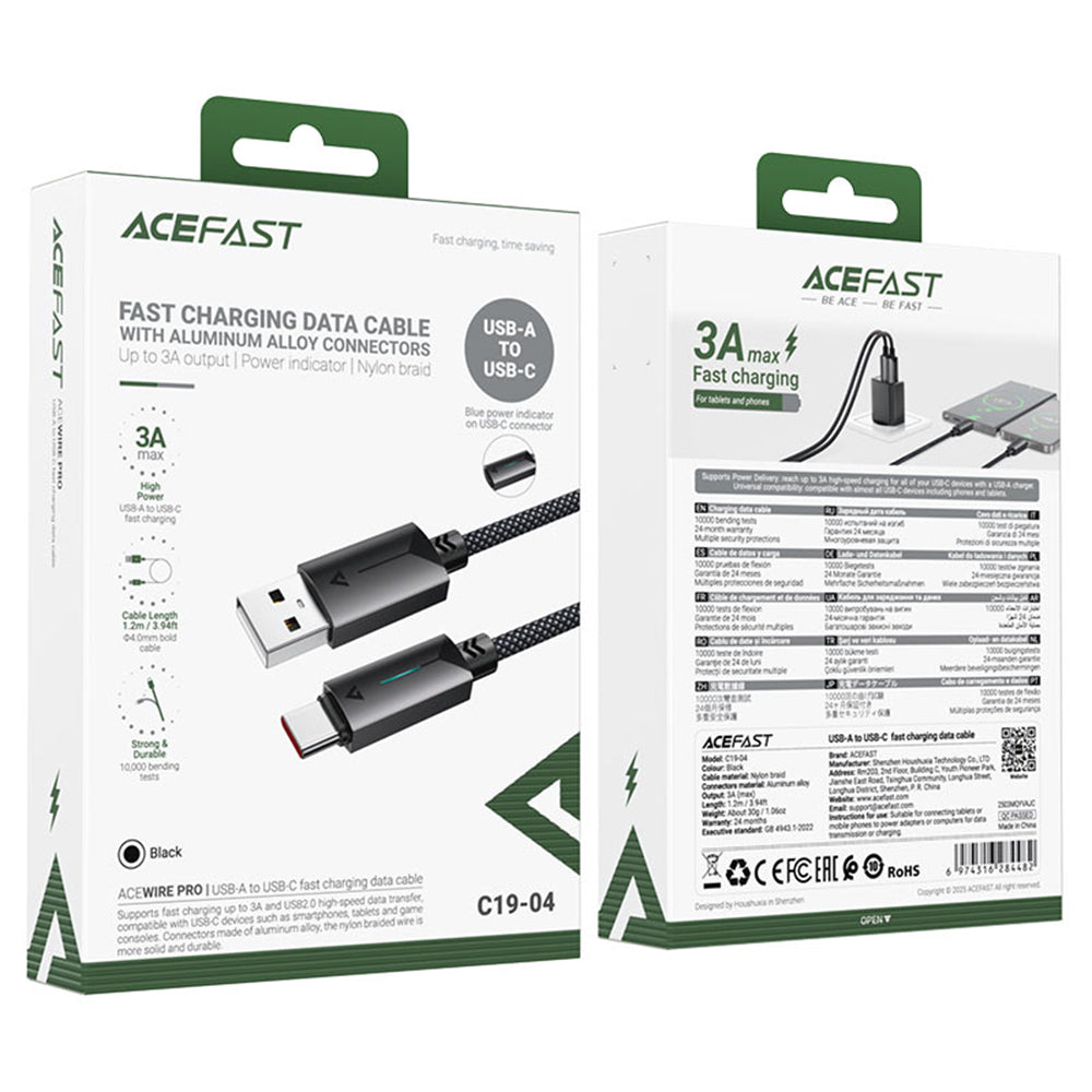 Acefast - Data Cable (C19-04) - USB to Type-C, Fast Charging, 3A, Bend-Resistant, Nylon Braid, 1.2m - Black