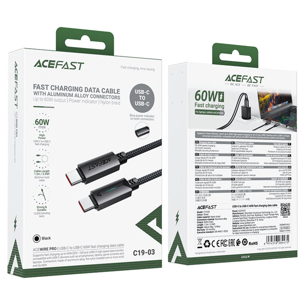 Acefast - Data Cable (C19-03) - Type-C to Type-C, Fast Charging, 60W, 3A, Bend-Resistant, Nylon Braid, 1.2m - Black