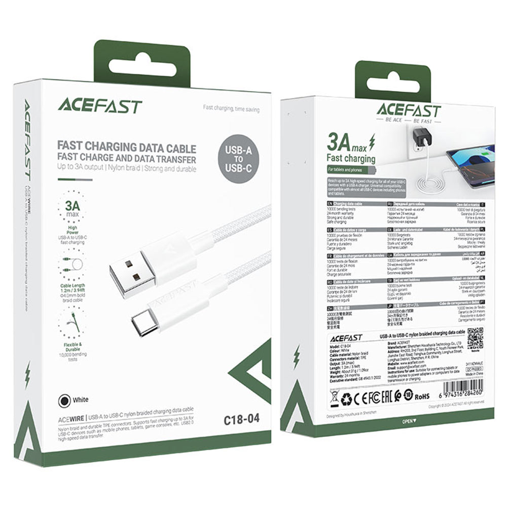 Acefast - Data Cable (C18-04) - USB to Type-C, Fast Charging, 3A, Bend-Resistant, Nylon Braid, 1.2m - White