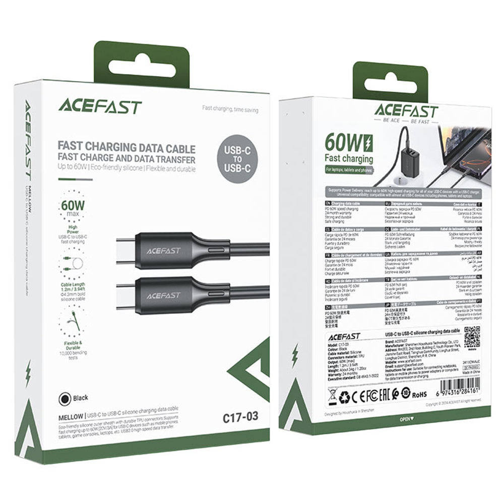 Acefast - Data Cable (C17-03) - Type-C to Type-C, Fast Charging, 60W, 3A, Bend-Resistant, Soft Silicone, 1.2m - Black