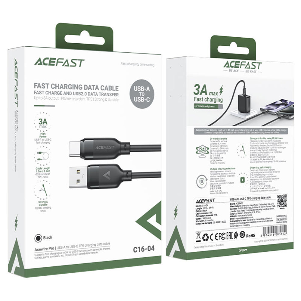 Acefast - Data Cable (C16-04) - Fast Charging, USB to Type-C, 3A, Bend-Resistant, 1.2m - Black