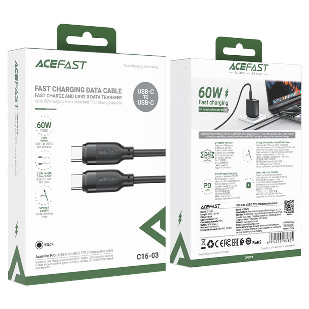 Acefast - Data Cable (C16-03) - Fast Charging, Type-C to Type-C, 60W, 3A, Bend-Resistant, 1.2m - Black