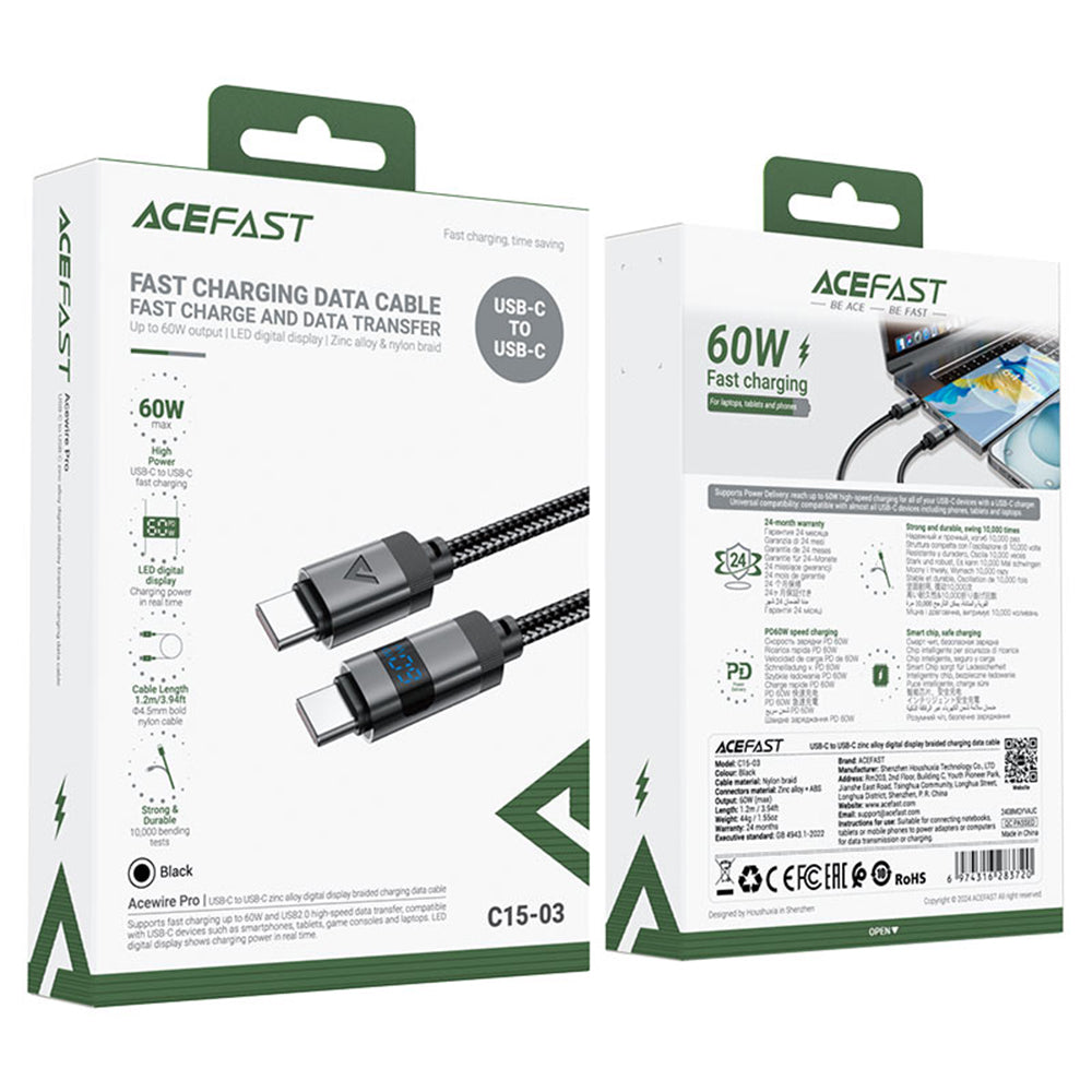 Acefast - Data Cable (C15-03) - with Digital Display, Fast Charging, Type-C to Type-C, 60W, 3A, Zinc Alloy, 1.2m - Black