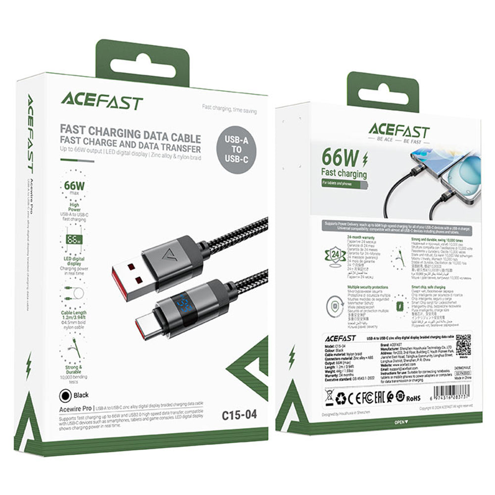 Acefast - Data Cable (C15-04) - with Digital Display, Fast Charging, USB-A to Type-C, 66W, Zinc Alloy, 1.2m - Black