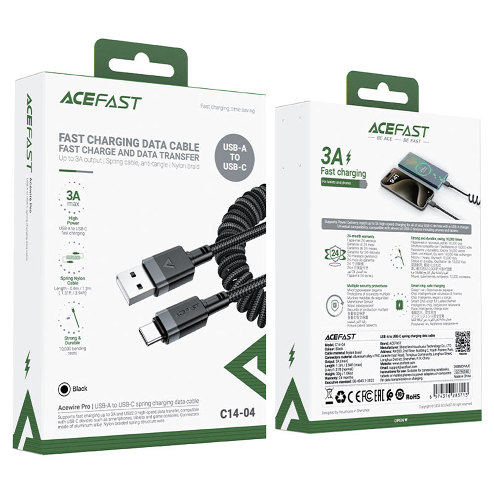 Acefast - Data Cable (C14-04) - Fast Charging, USB to Type-C, Spring Design, 3A, Bend-Resistant, 1.2m - Black