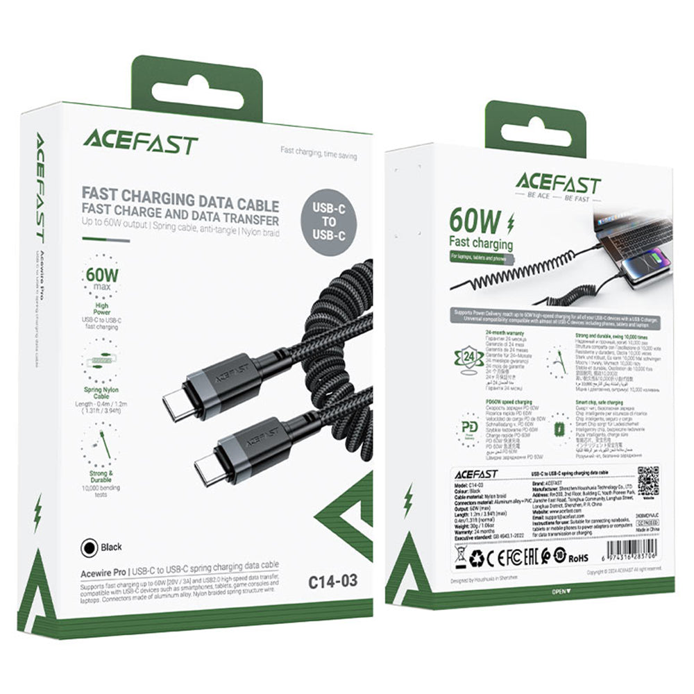 Acefast - Data Cable (C14-03) - Fast Charging, Type-C to Type-C, Spring Design, 60W, 3A, Bend-Resistant, 1.2m - Black